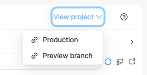 Screenshot of top right corner of Reunite editor with View project dropdown