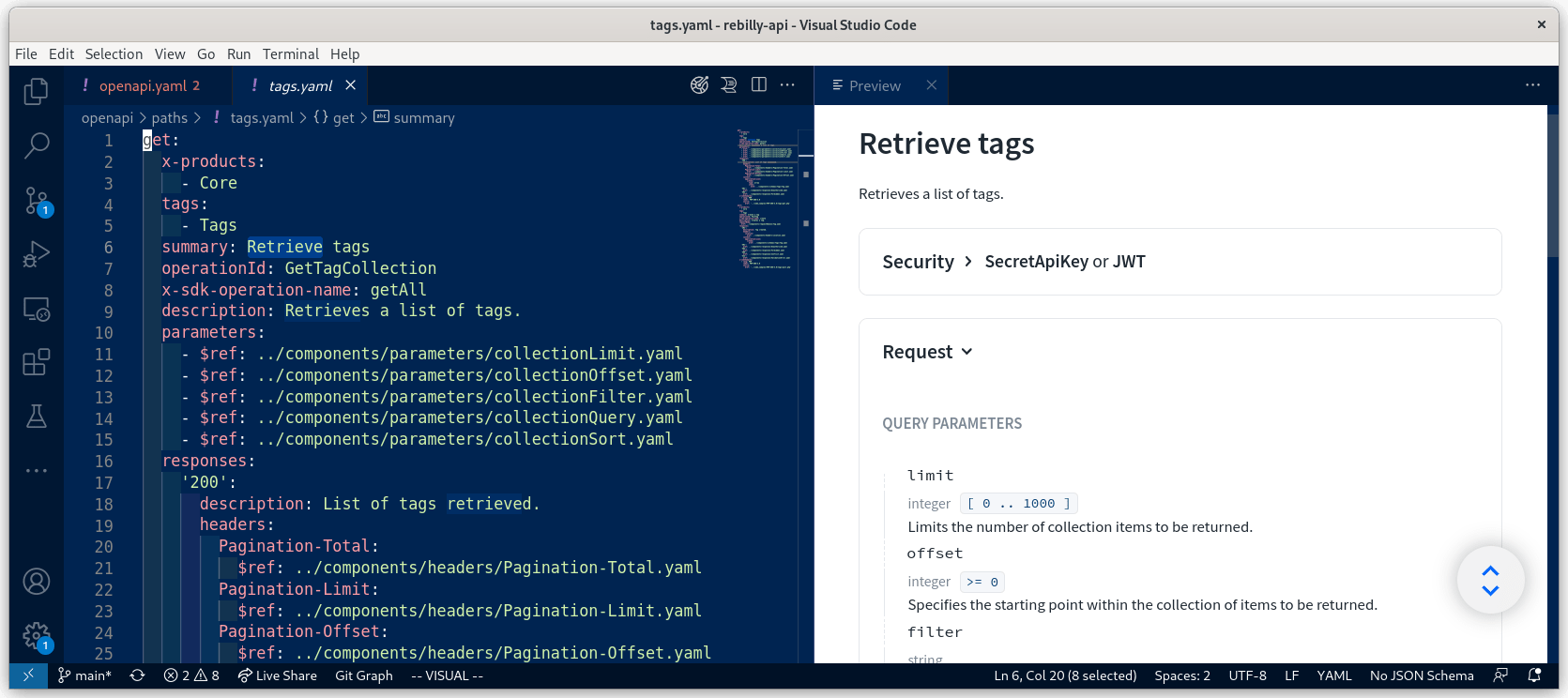 VSCode with the Rebilly API being edited, rainbow indents visible, and the preview of the docs to the right hand side