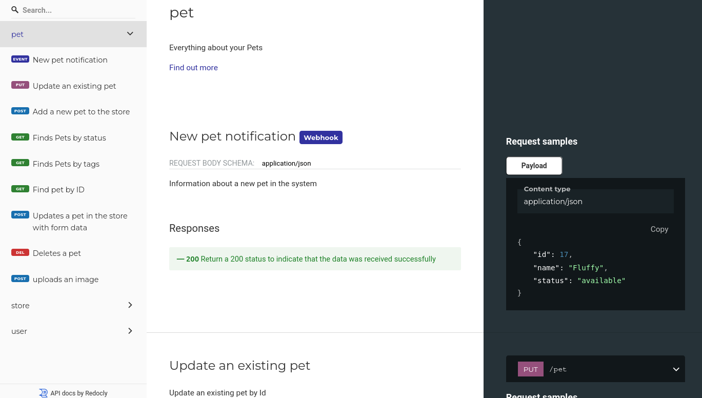 Redoc rendering the newPet webhook described in the example