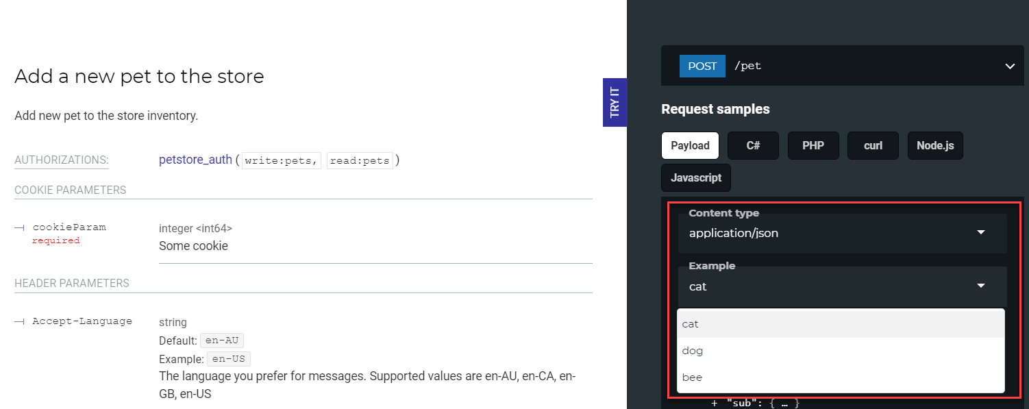 JSON examples in the right panel