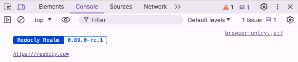 Screenshot of the console in Chrome showing the Redocly version
