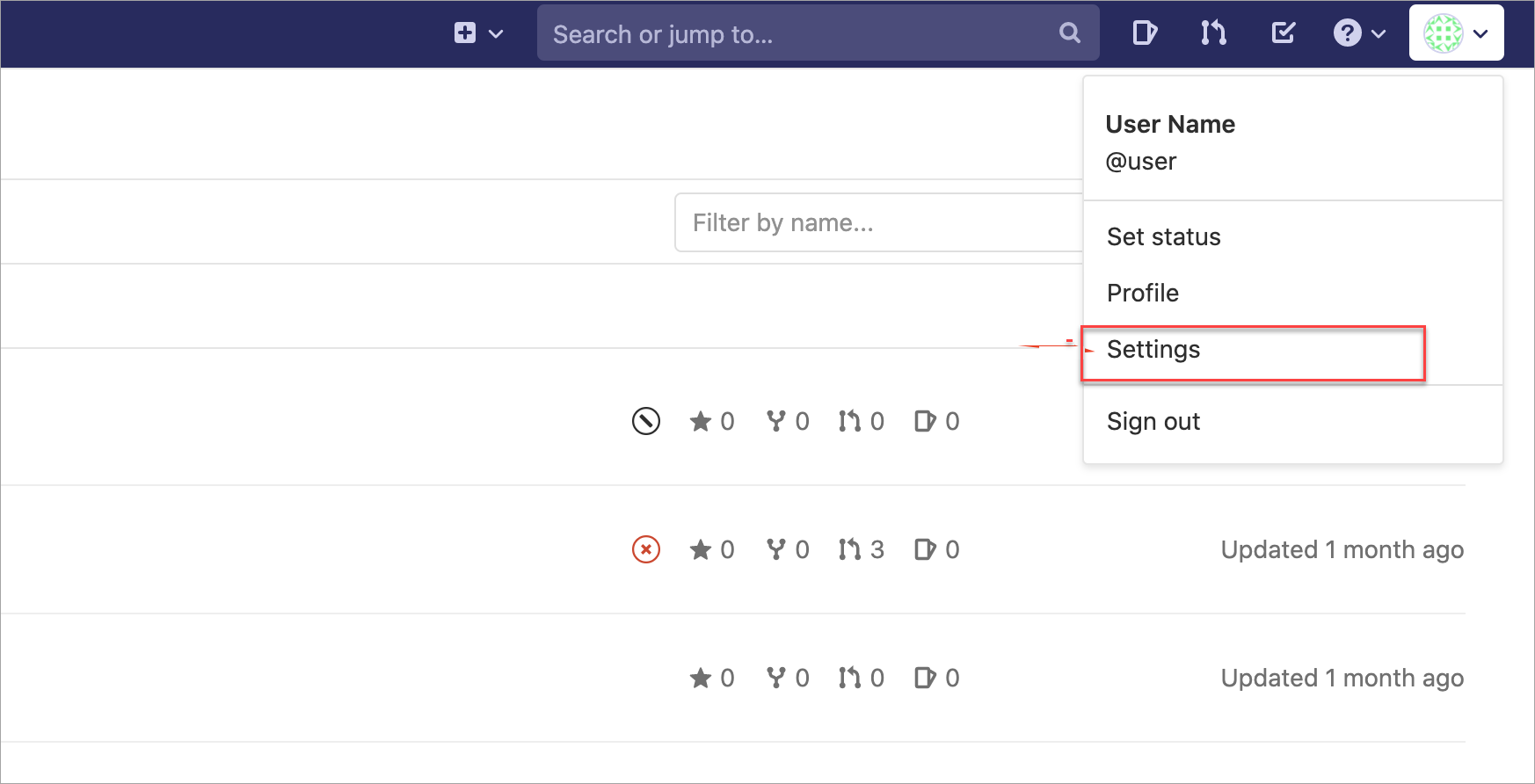 GitLab user dropdown
