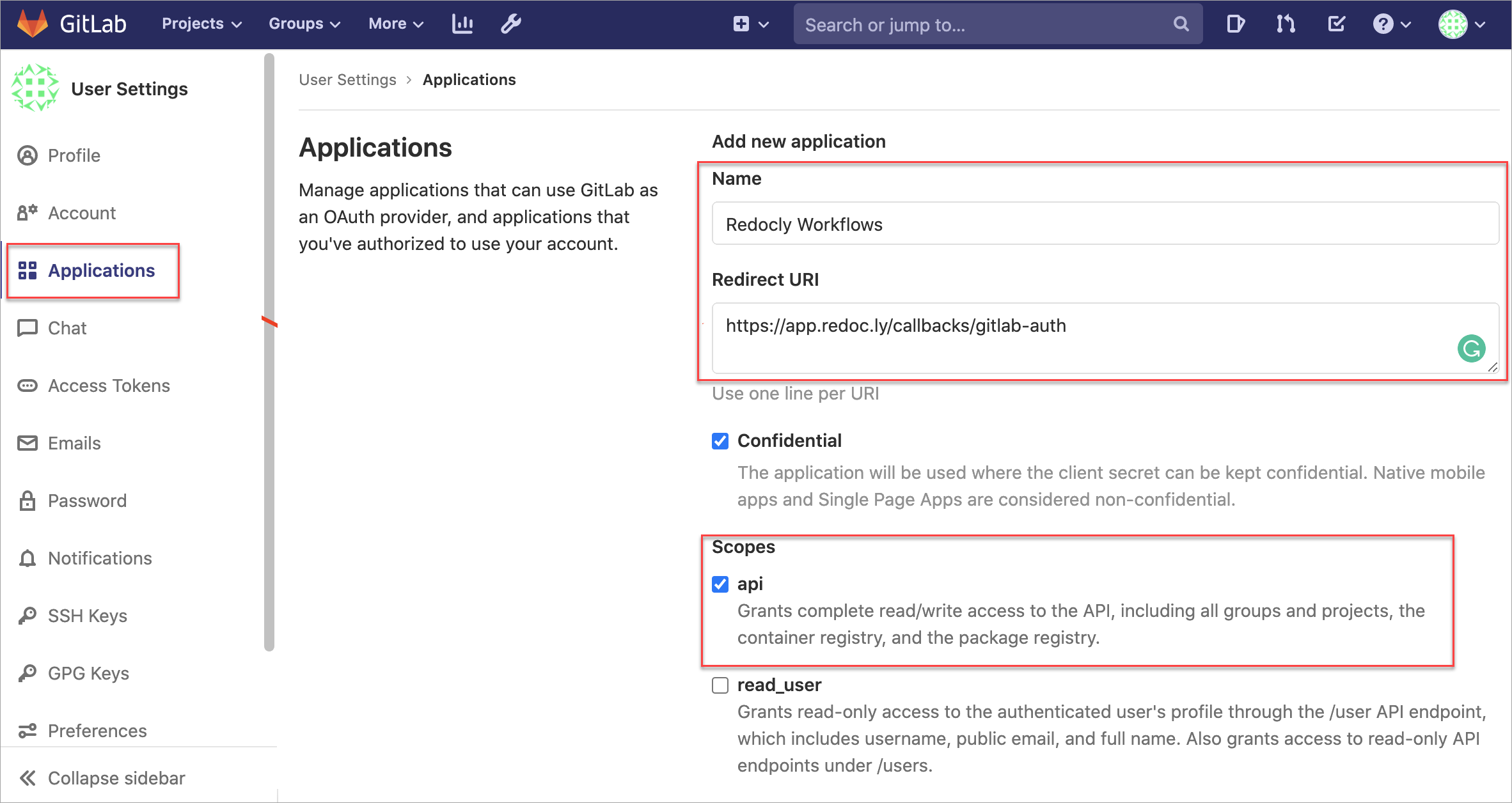 GitLab Applications tab 1