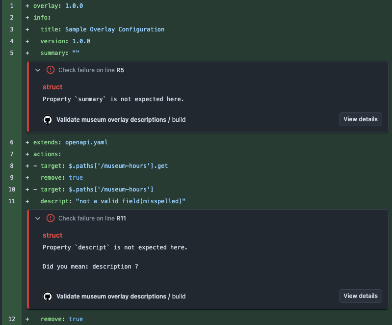 Screenshot of annotations flagging "summary" and "descript" as unexpected properties