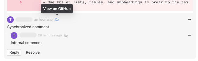 Screenshot showing synchronized and unsynchronized comments in a pull request review
