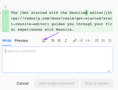 Screenshot of comment form in Reunite with arrow pointing towards suggestion icon
