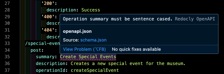 A validation error in an IDE with an OpenAPI file. The error is on an Operation summary and says "Operation summary must be sentence cased".