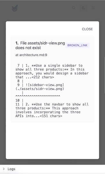 Expanded errors pane